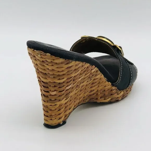 Anne Klein Wedge Sandal 7.5 Black Leather Straw Women AKHagan - Picture 4 of 15